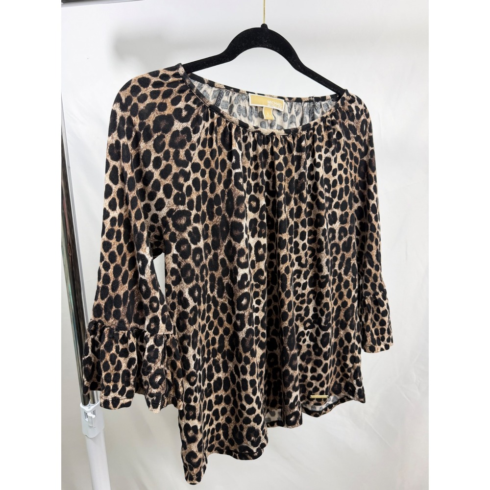 Michael Kors Leopard Print Ruffle Bell Sleeve Blouse Brown Black Small